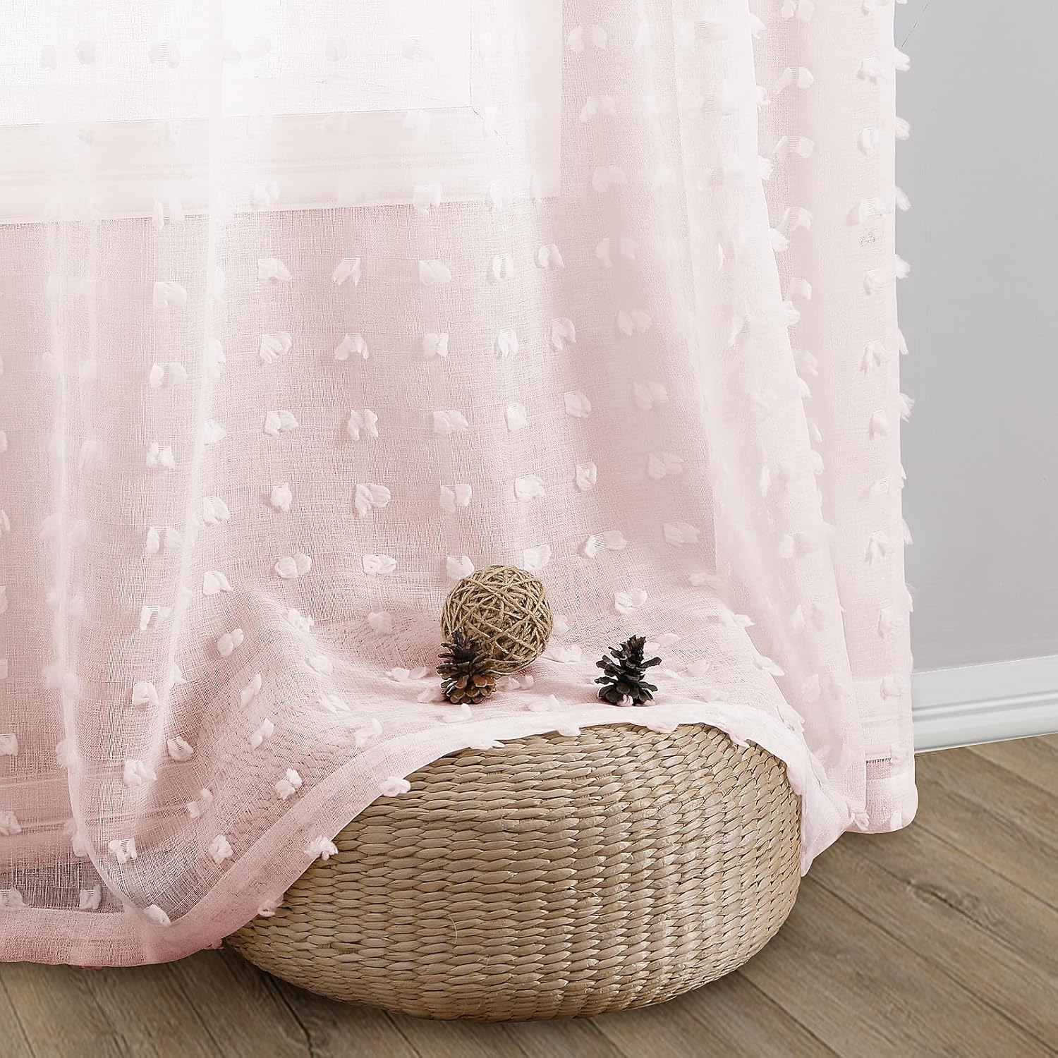 Guken Pom Pom Sheer Curtains 120 Length 2 Panels Pink