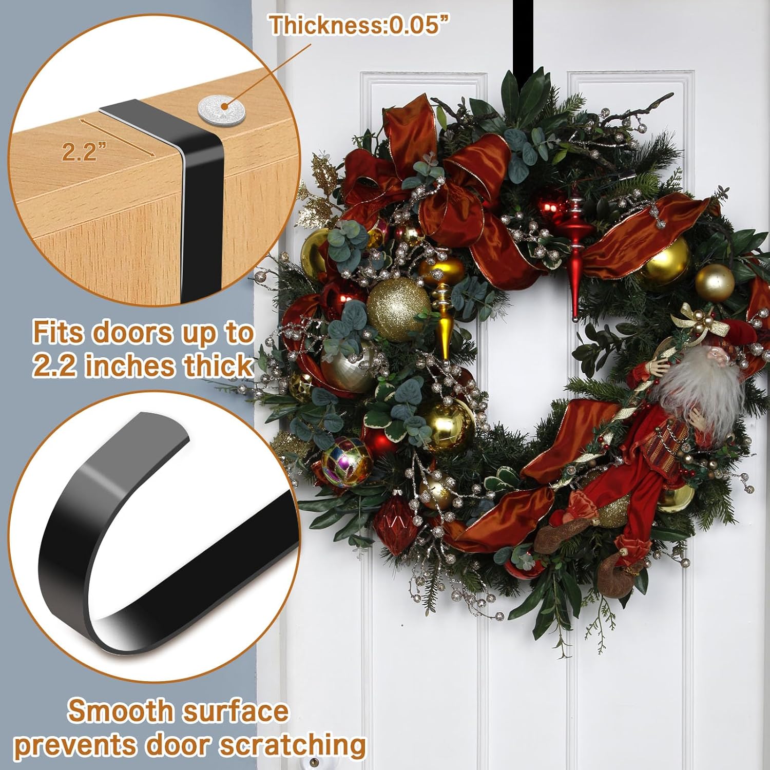 4 Pack 15 Inch Wreath Hanger for Front Door - Black