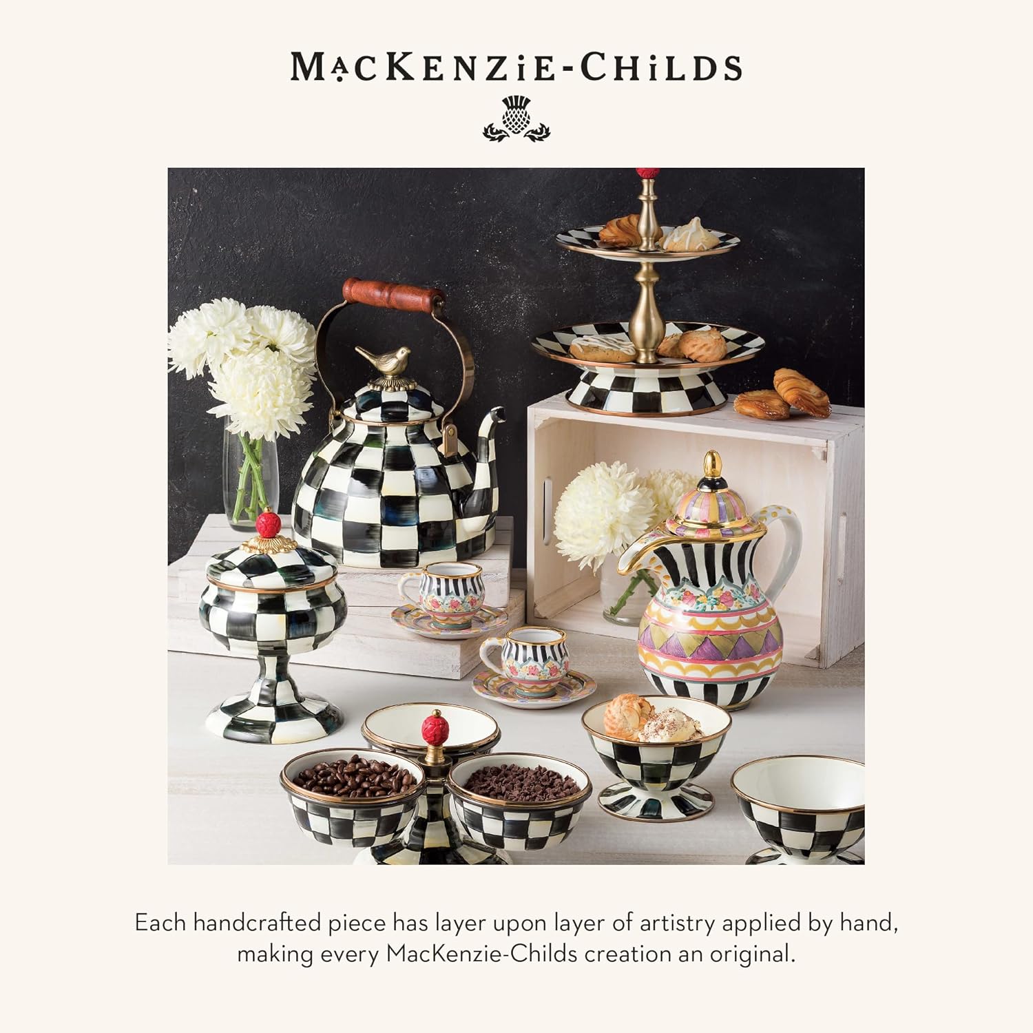 Mackenzie-Childs Tall Enamel Vase Black-and-White Courtly Check