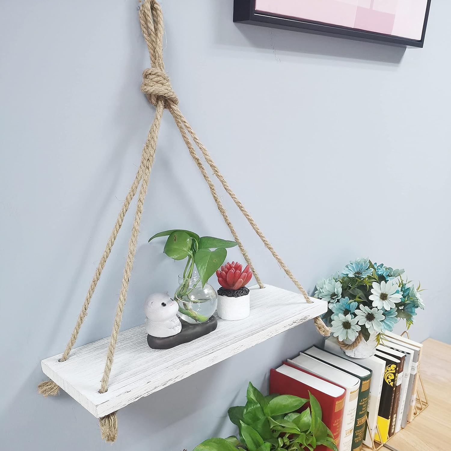 2-Piece Rustic White Wood Shelf Set with Hooks and Ropes