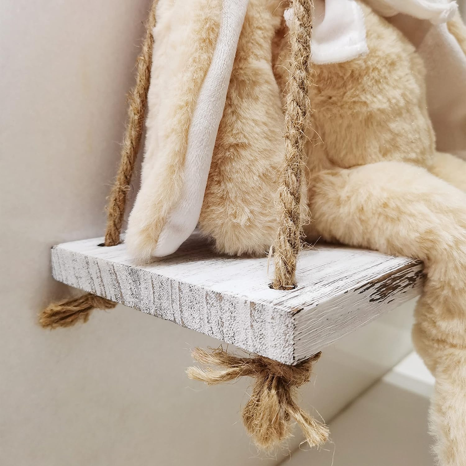 2-Piece Rustic White Wood Shelf Set with Hooks and Ropes