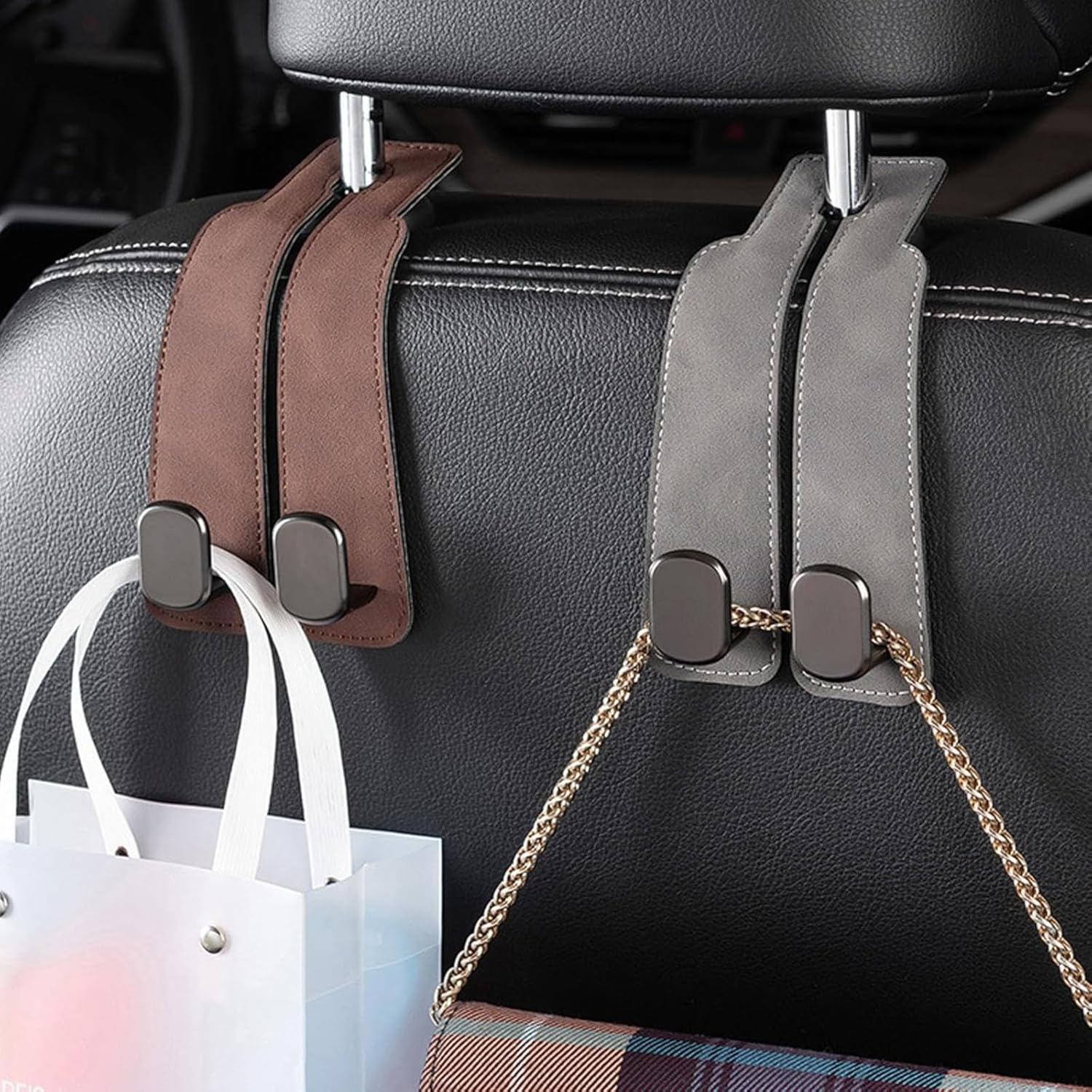 TwinHook Leather Car Headrest Hangers Brown 2