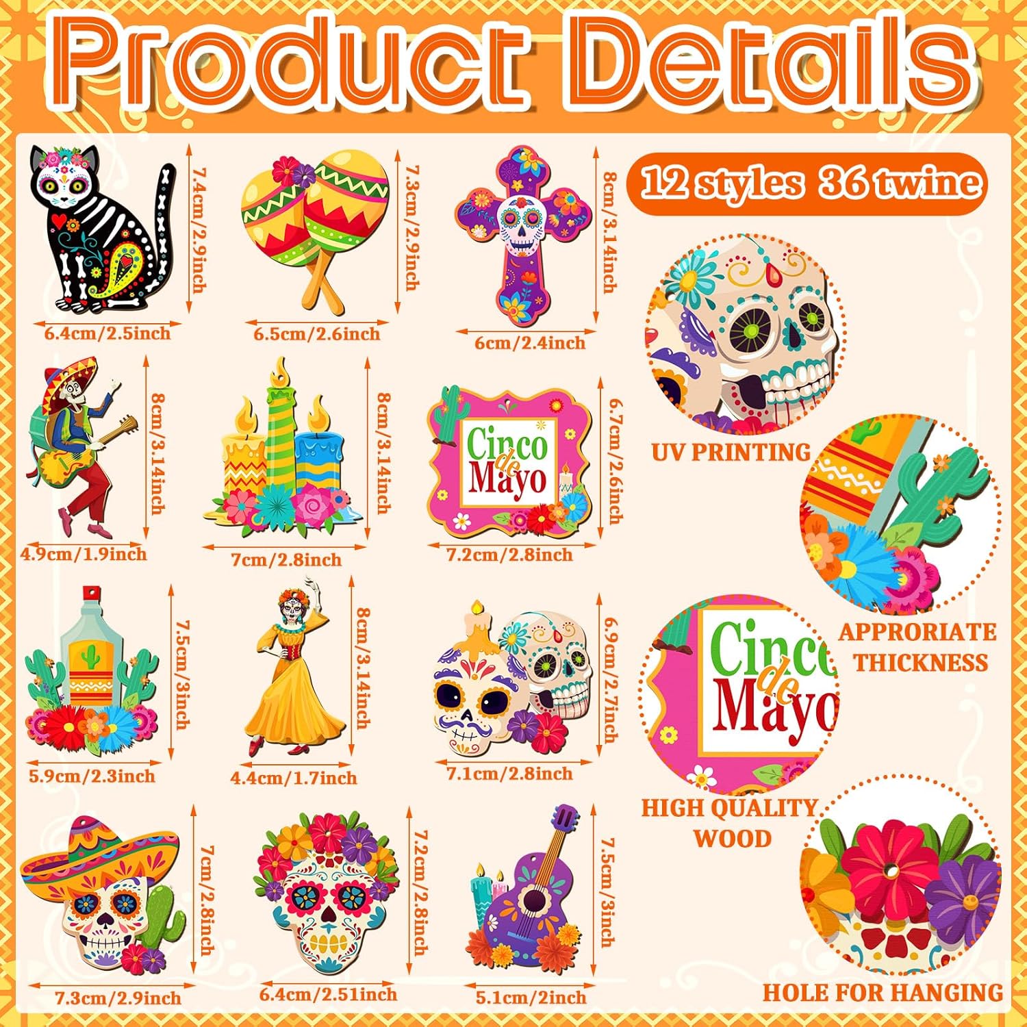 Soaoo 36 Pcs Day of the Dead Wooden Ornaments
