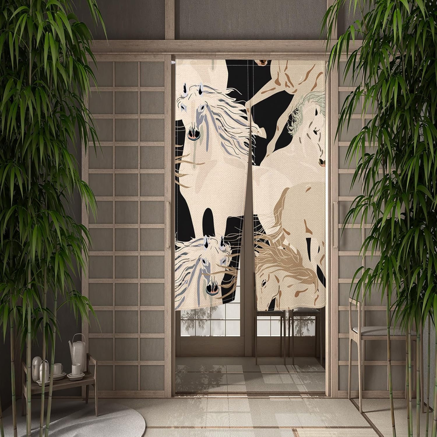 Japanese Noren Door Curtain with Horses Pattern