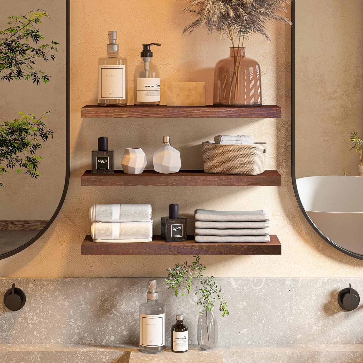 SODUKU Natural Wood Floating Shelves Set of 3 24 Inch Walnut