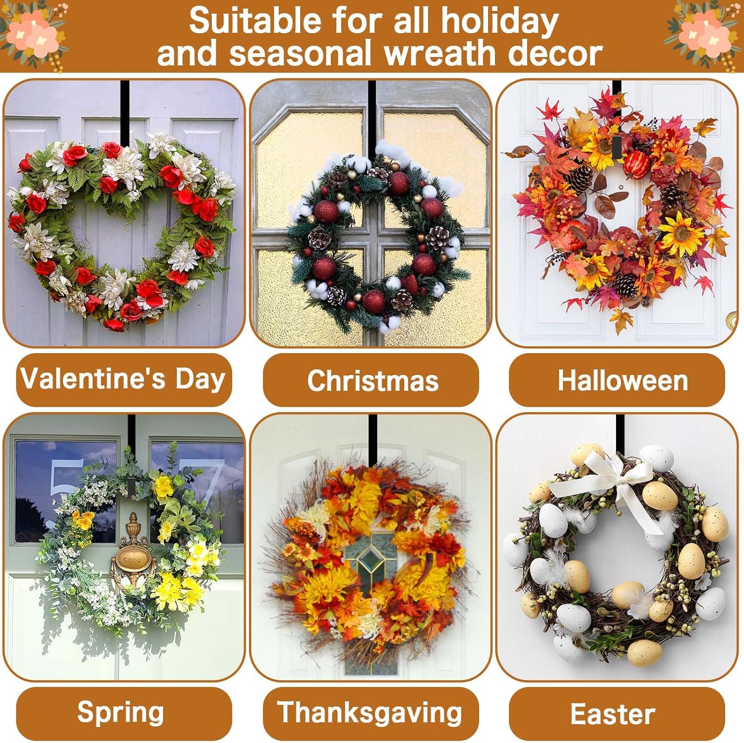 4 Pack 15 Inch Wreath Hanger for Front Door - Black