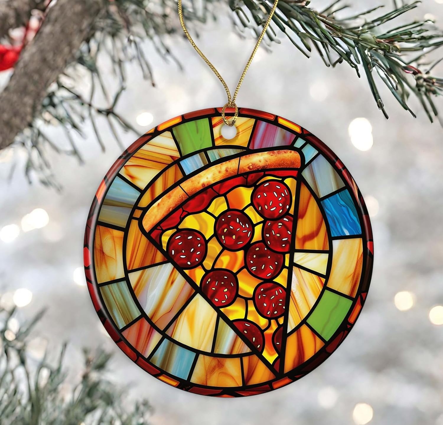 Pizza Stained Glass Ceramic Ornament Funny Christmas Decoration
