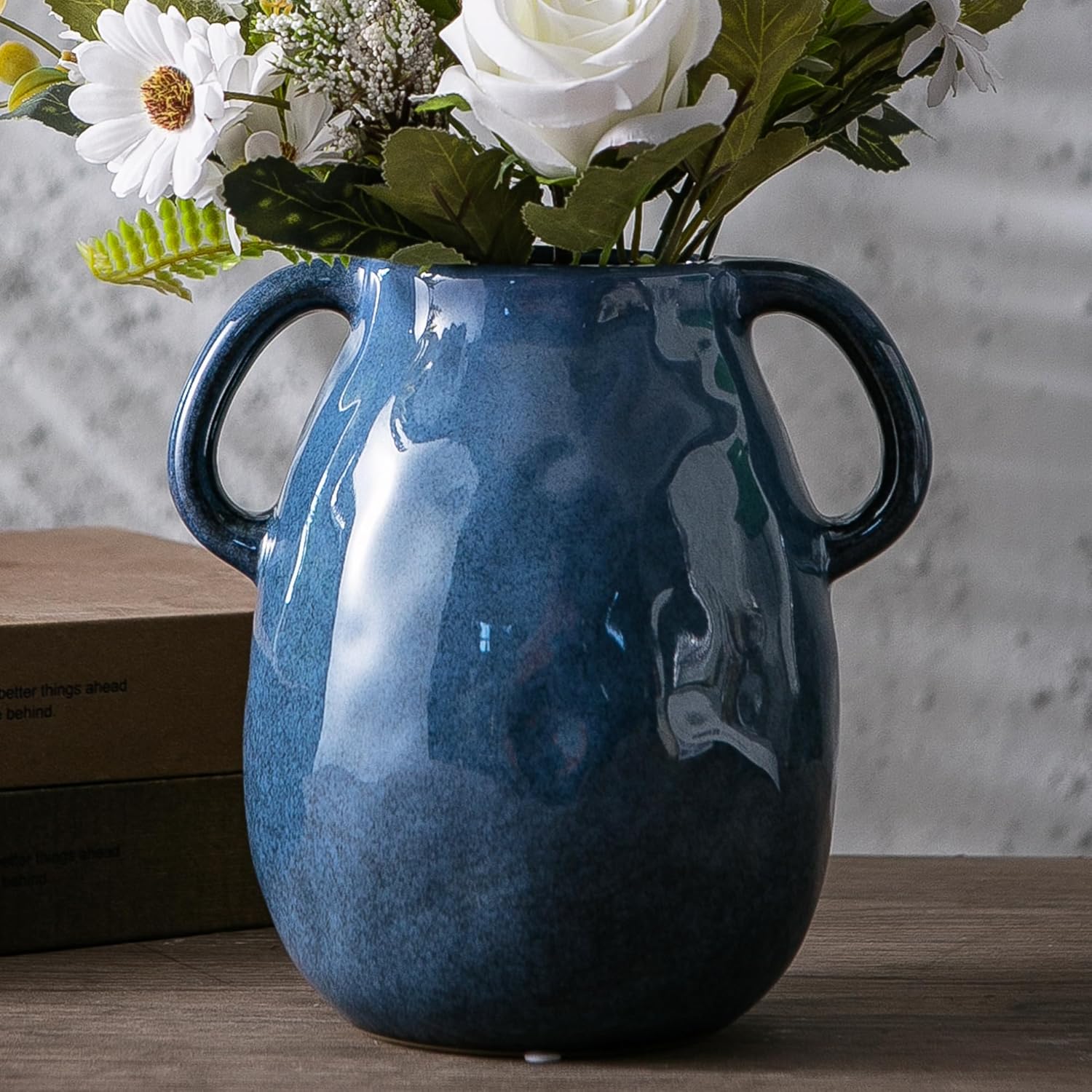 Blue Ceramic Vase with 2 Handles - Modern Farmhouse Decor