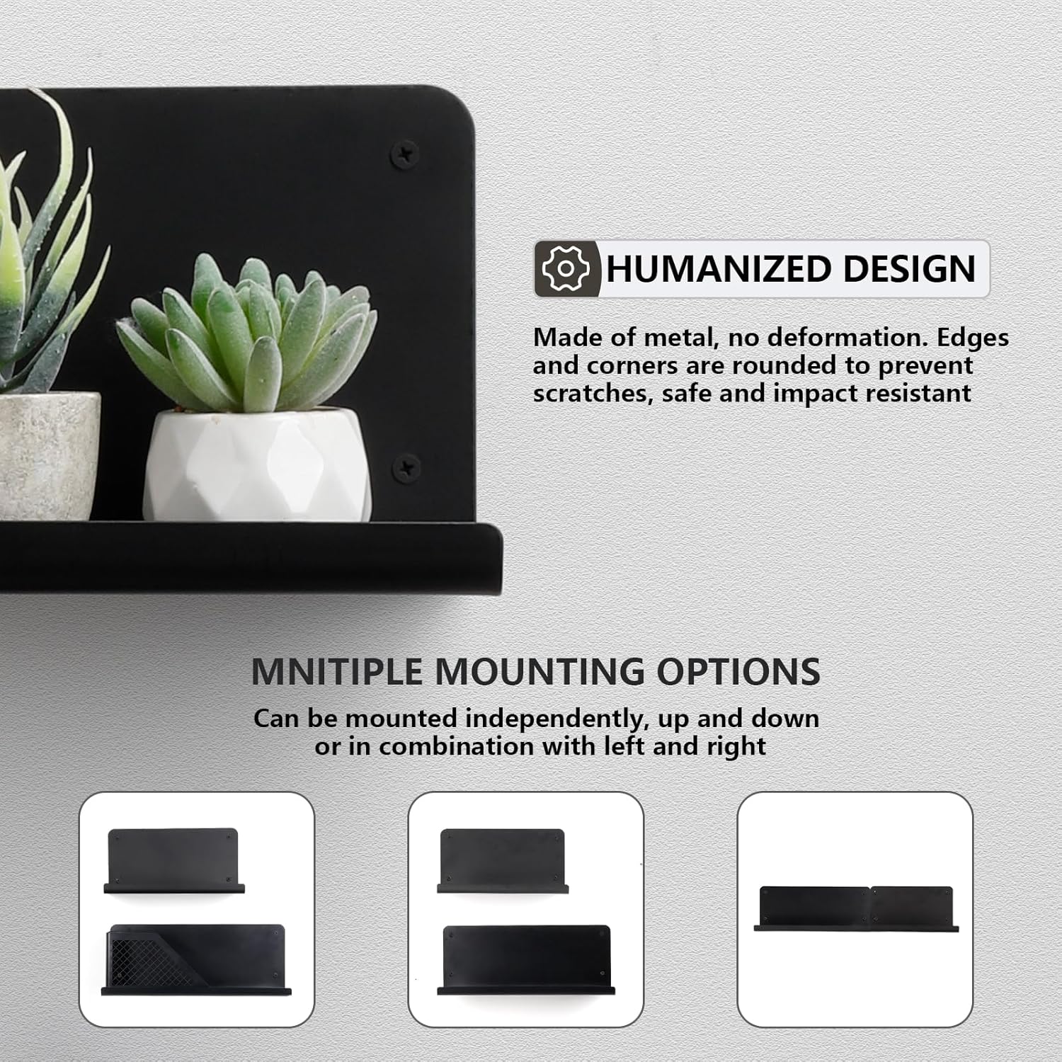 Floating Shelves Set of 2 with Black Rods and Hooks