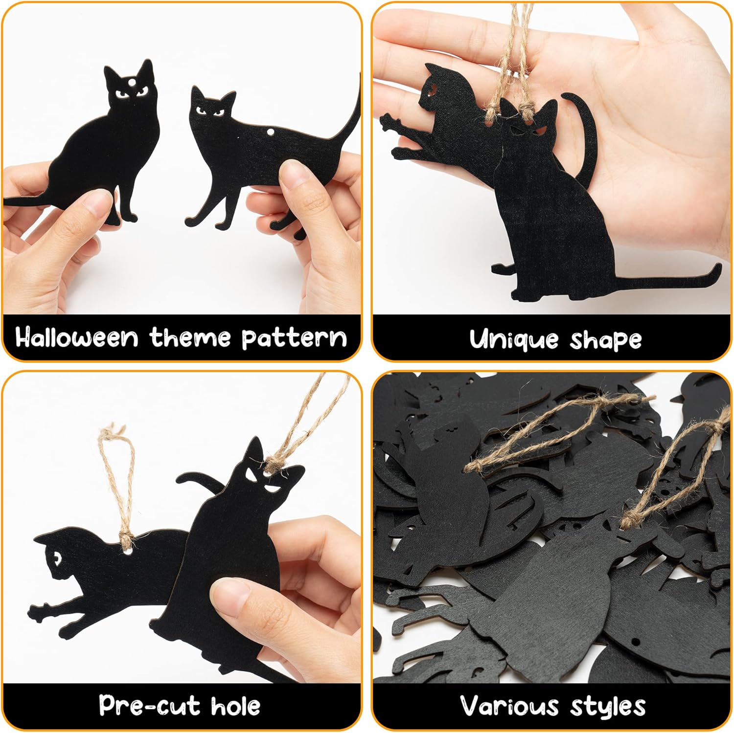WATINC 31pcs Halloween Black Cat Wood Hanging Ornament
