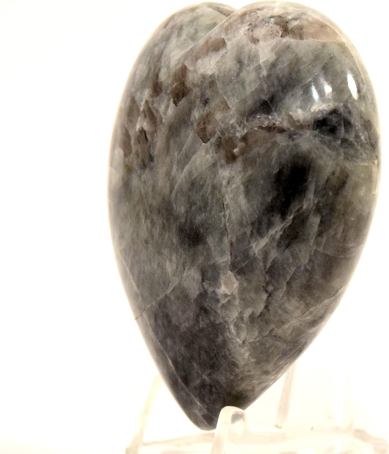Black Moonstone Puffy Heart with Smoky Quartz Display Stand