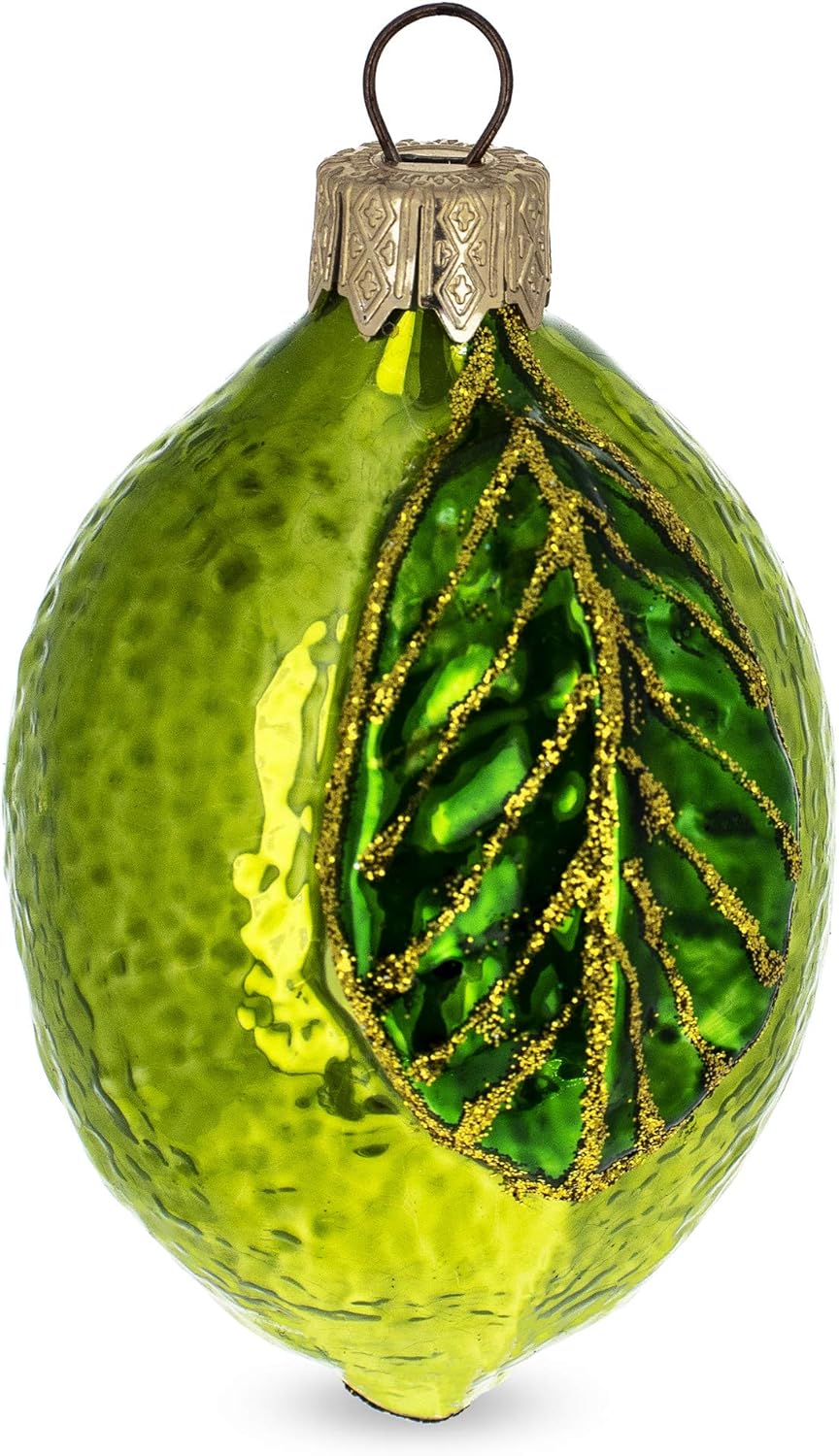 Lime with Shiny Leaf Glass Christmas Ornament 1