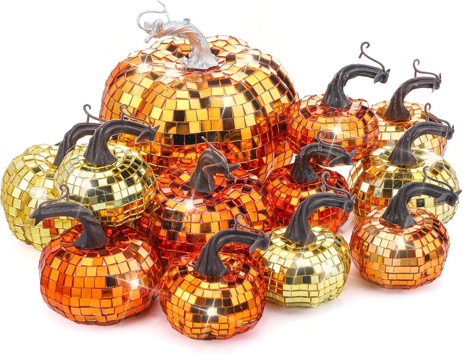 Lenwen 12 Pcs Mirrored Glitter Pumpkin Decor Set