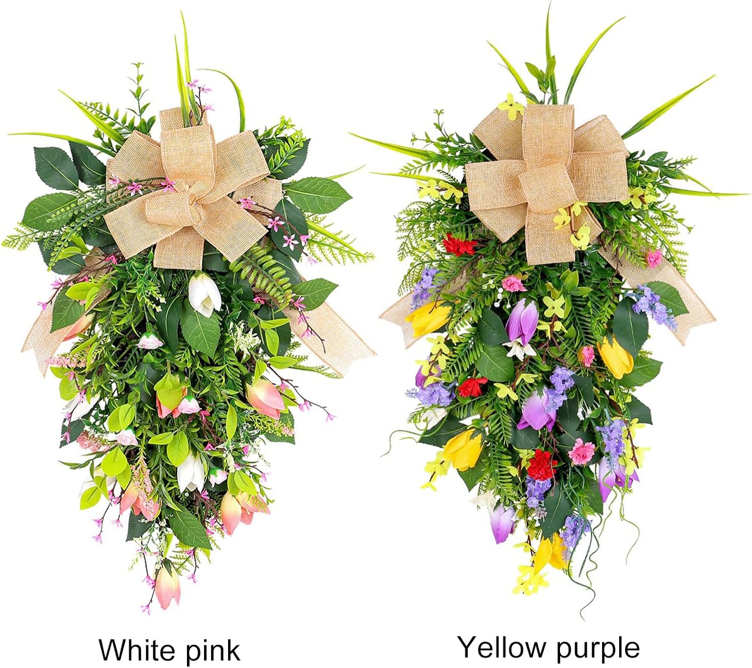 Spring Summer Teardrop Swag Artificial Tulips Door Wreath White Pink