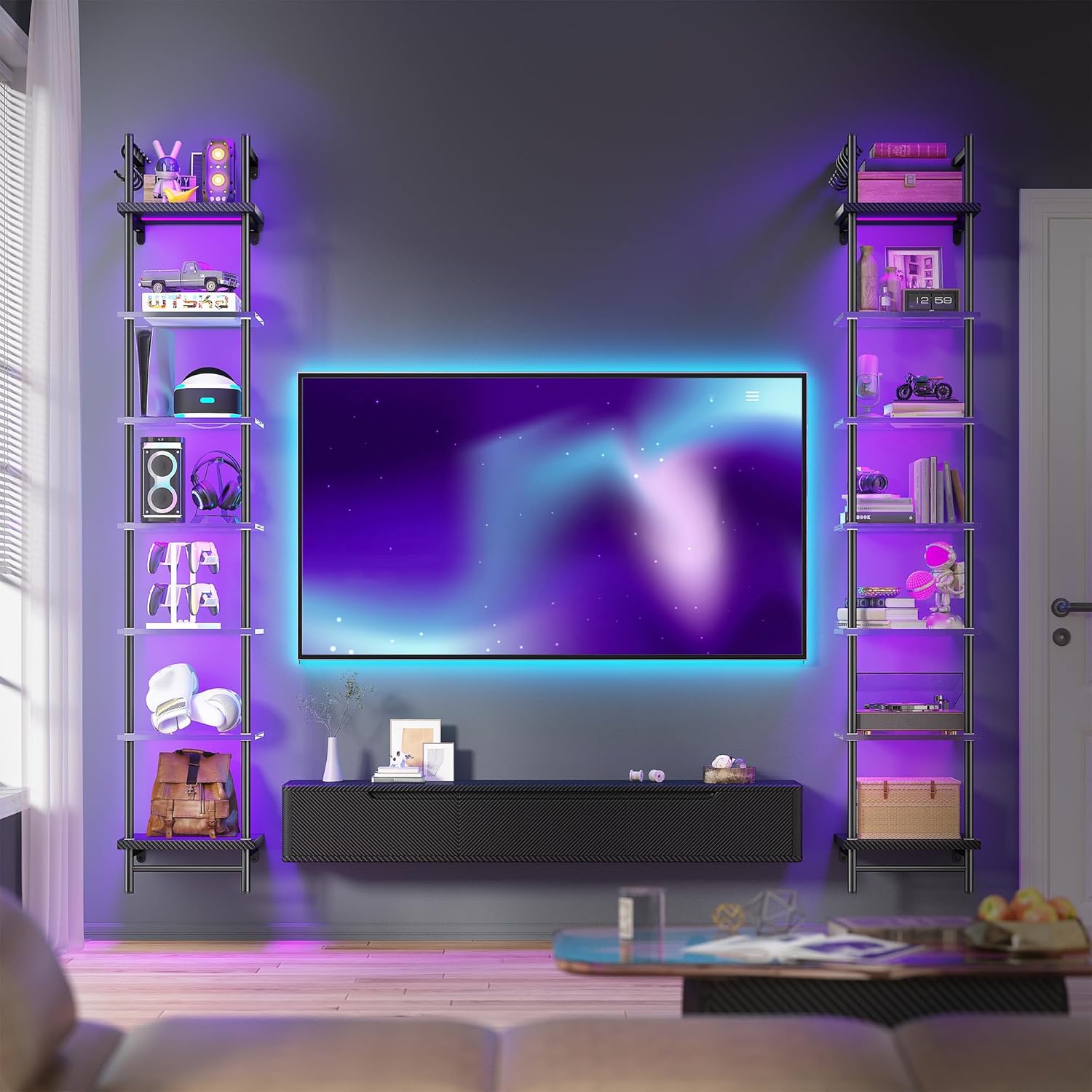 REIBII 7 Tier Floating Shelves with LED Light