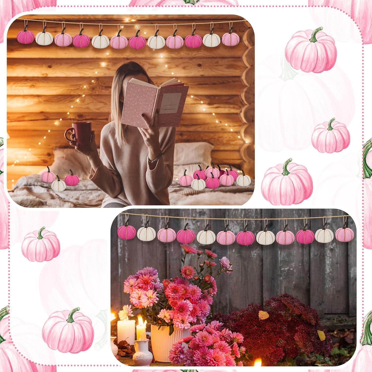 16 Pcs Pink Series Fall Pumpkin Hanging Ornaments