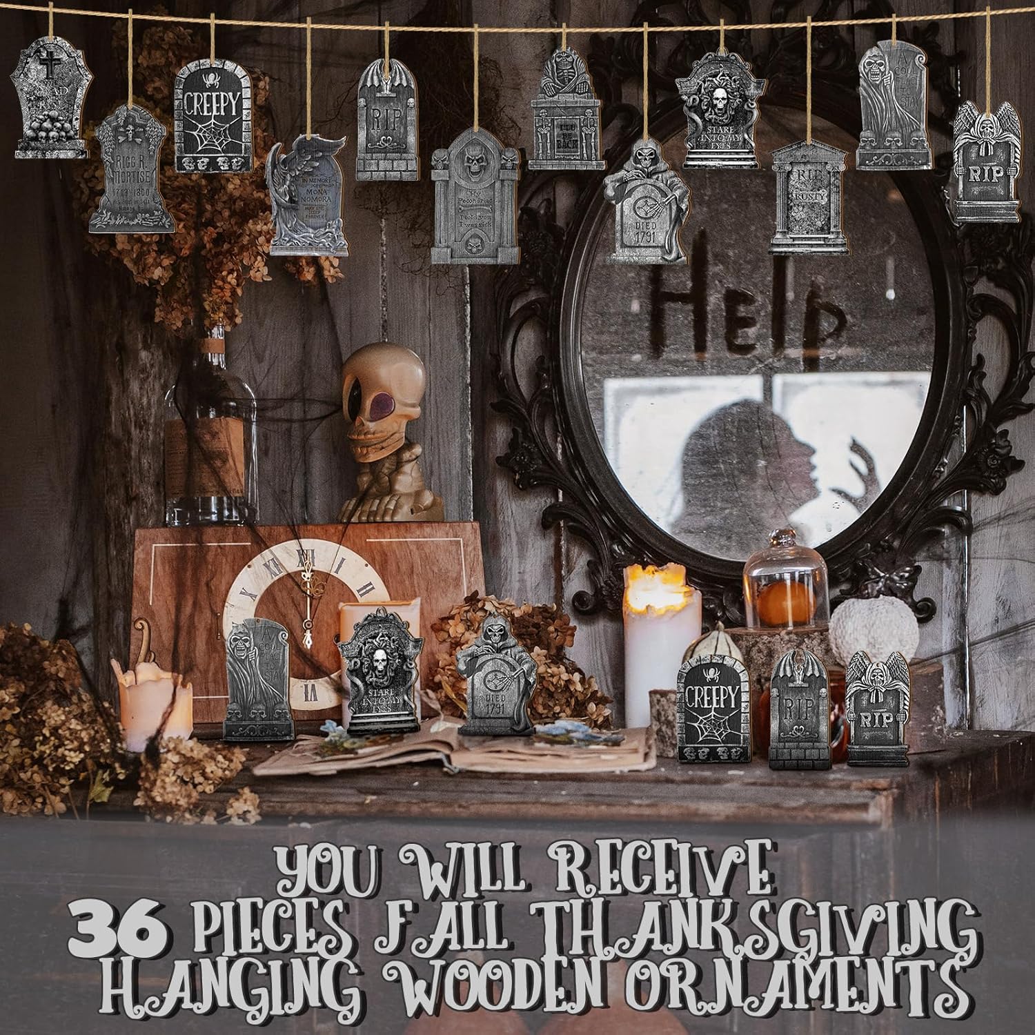 Huwena 36 Pcs Halloween Wooden Hanging Ornaments Set