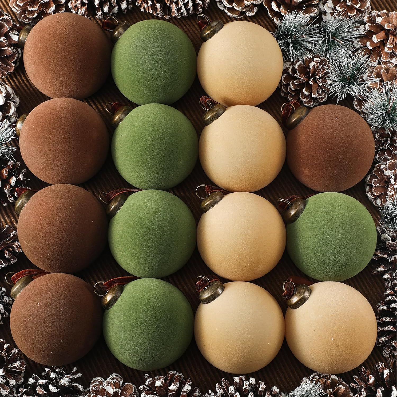 30Pcs Velvet Christmas Balls in Green Brown and Beige
