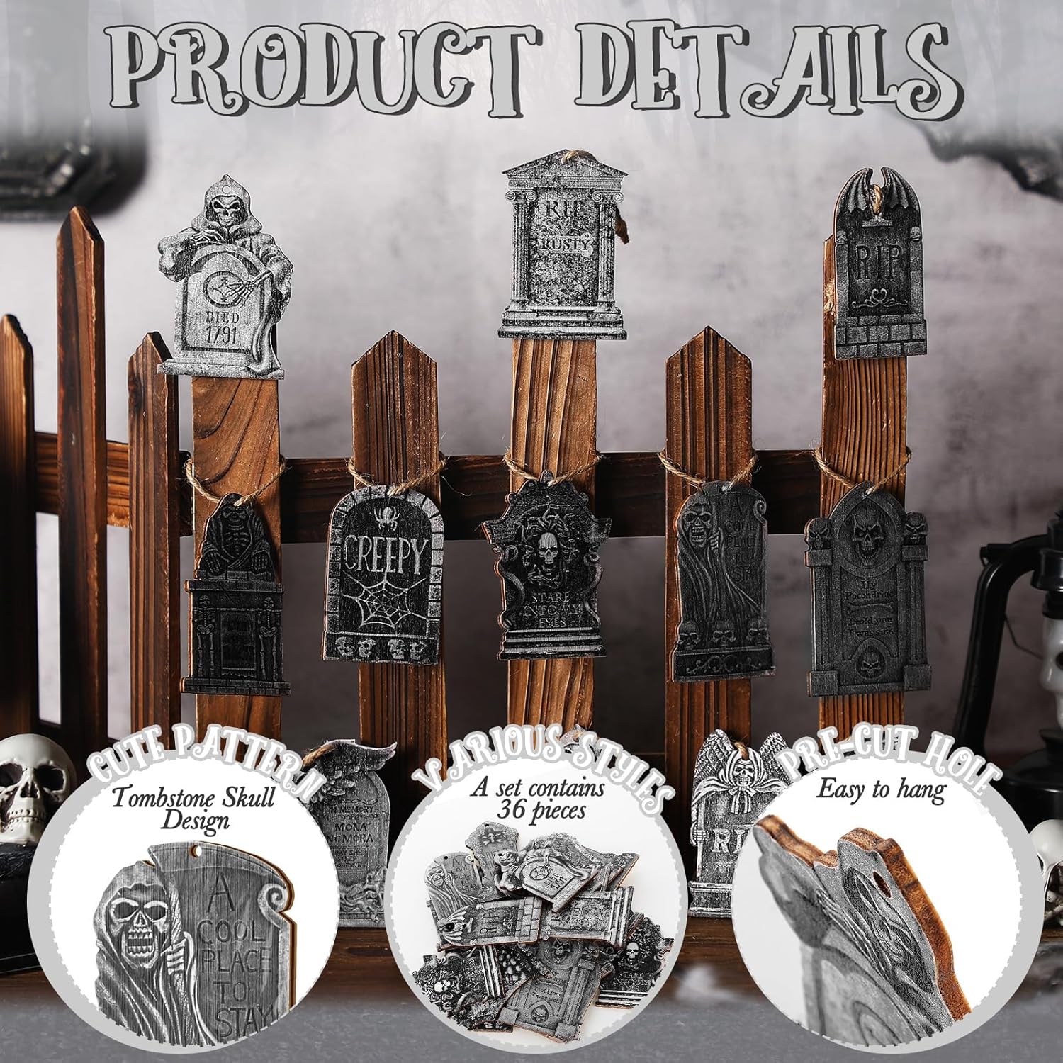 Huwena 36 Pcs Halloween Wooden Hanging Ornaments Set