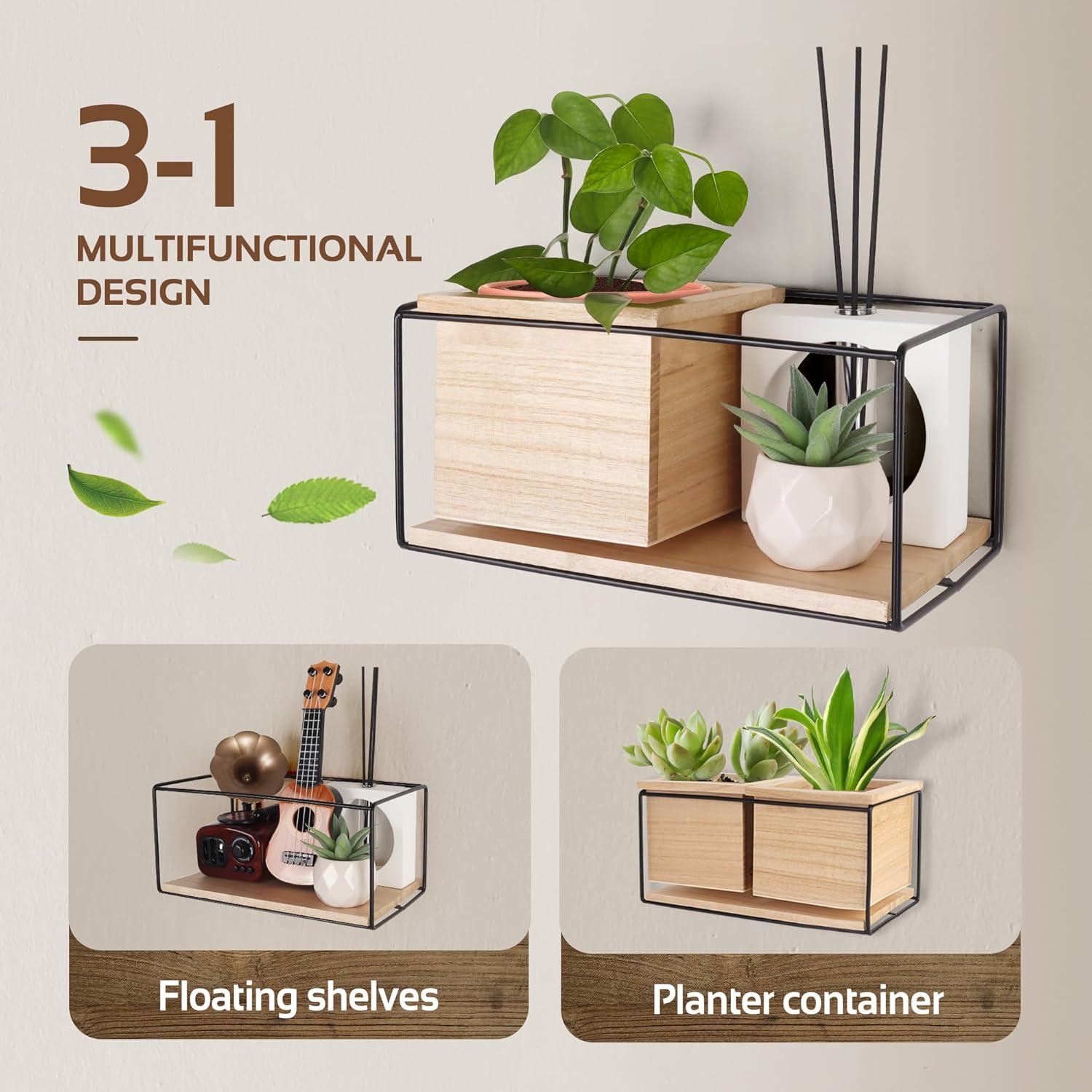 Cozivo Wall Floating Shelves with 2 Wooden Boxes