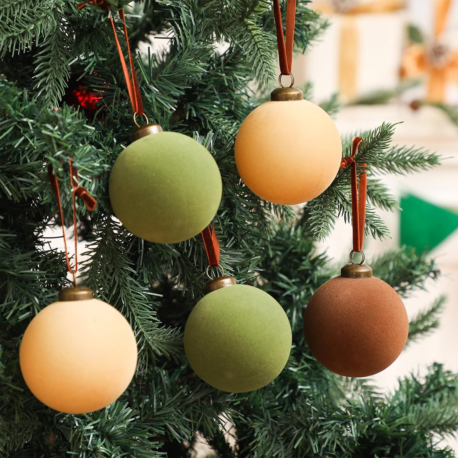 30Pcs Velvet Christmas Balls in Green Brown and Beige