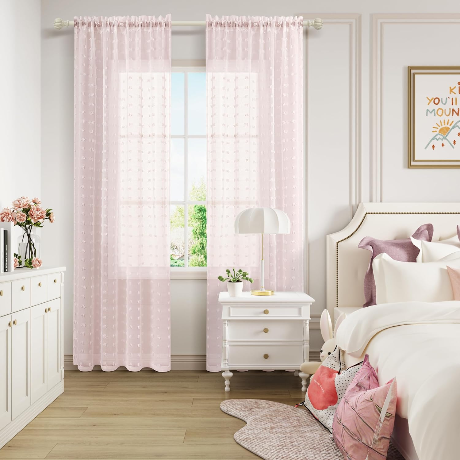 Guken Pom Pom Sheer Curtains 120 Length 2 Panels Pink