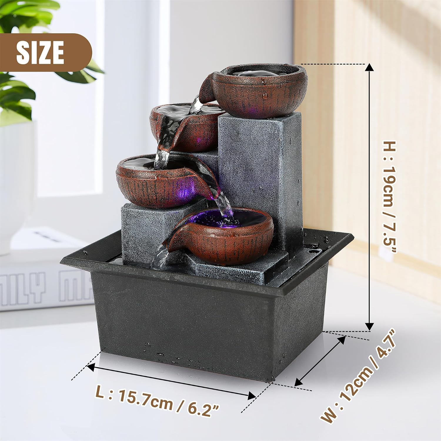 Fathers Den Tabletop Water Fountain with LED Lights and Calming Sounds