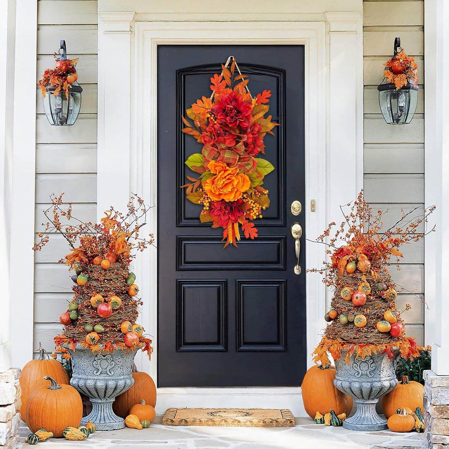 Fall Wreath for Front Door with Peonies and Maple Leaves