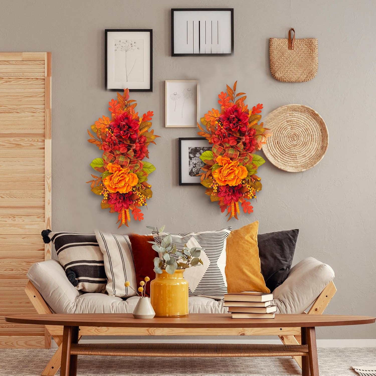 Fall Wreath for Front Door with Peonies and Maple Leaves