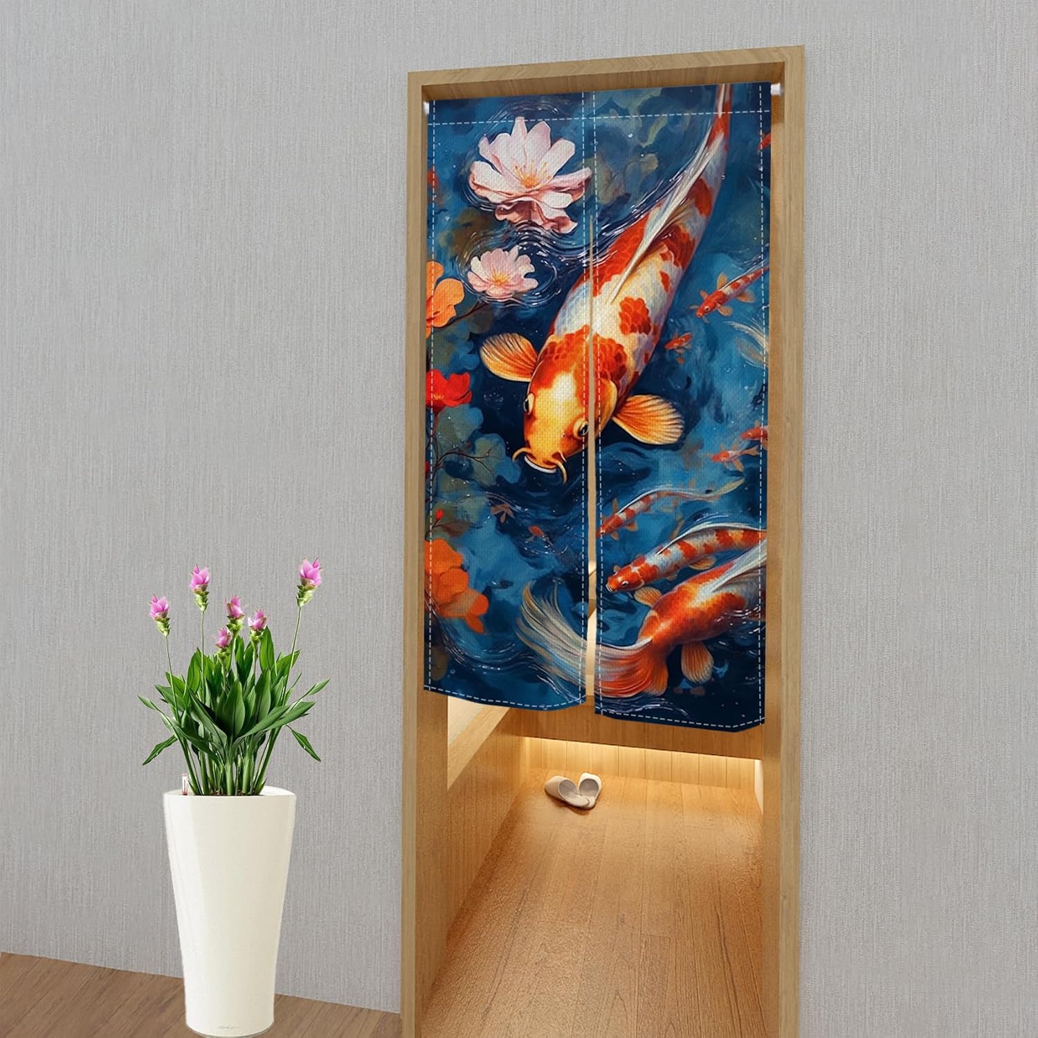 Red White Koi Noren Door Curtain for Kitchen and Bathroom