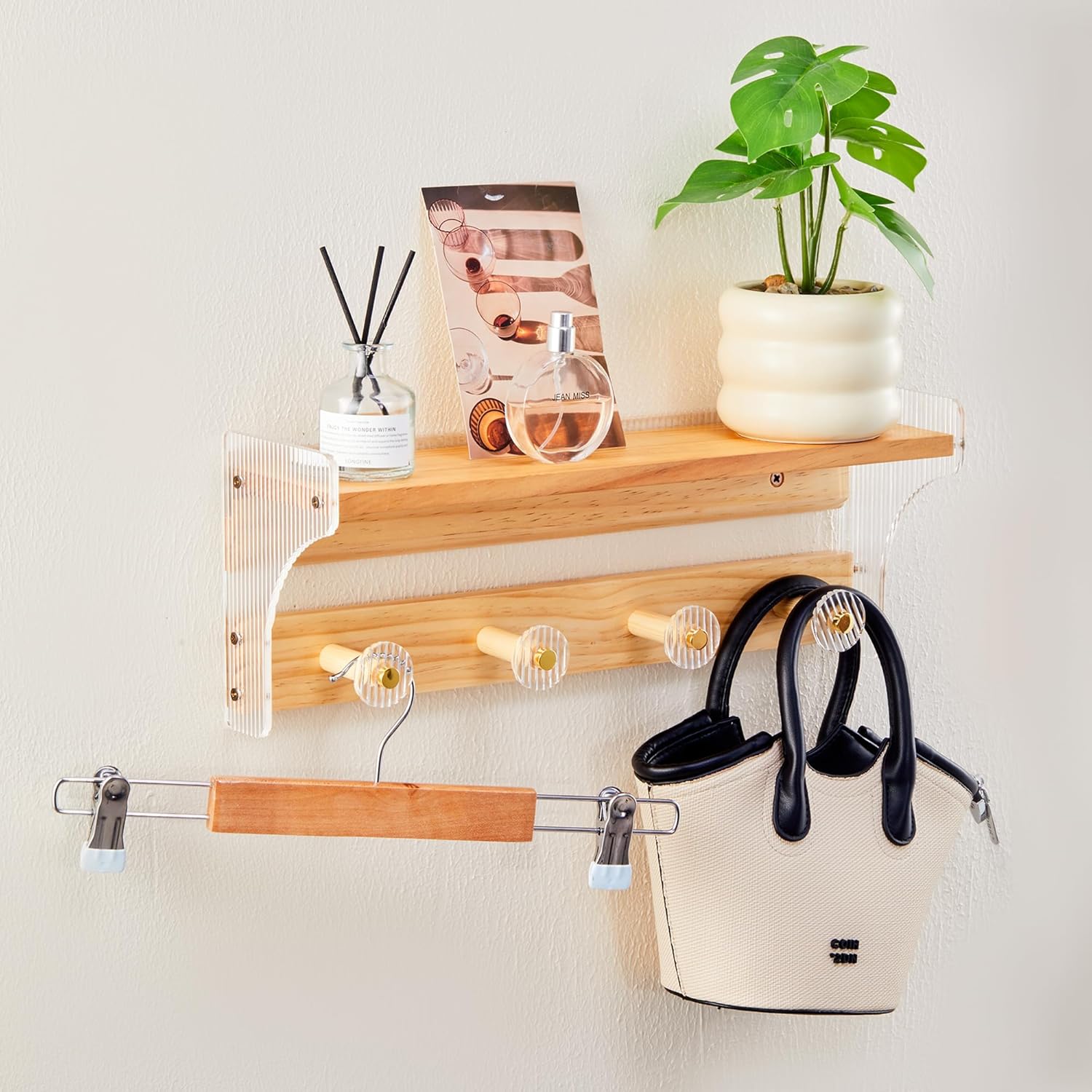 Floating Wall Shelves with Hooks 16 Inch Solid Wood