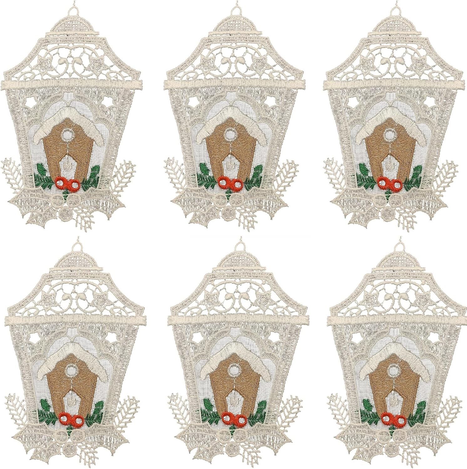 German Christmas Ornament Set of 6 White Lace Lantern with Gingerbread House