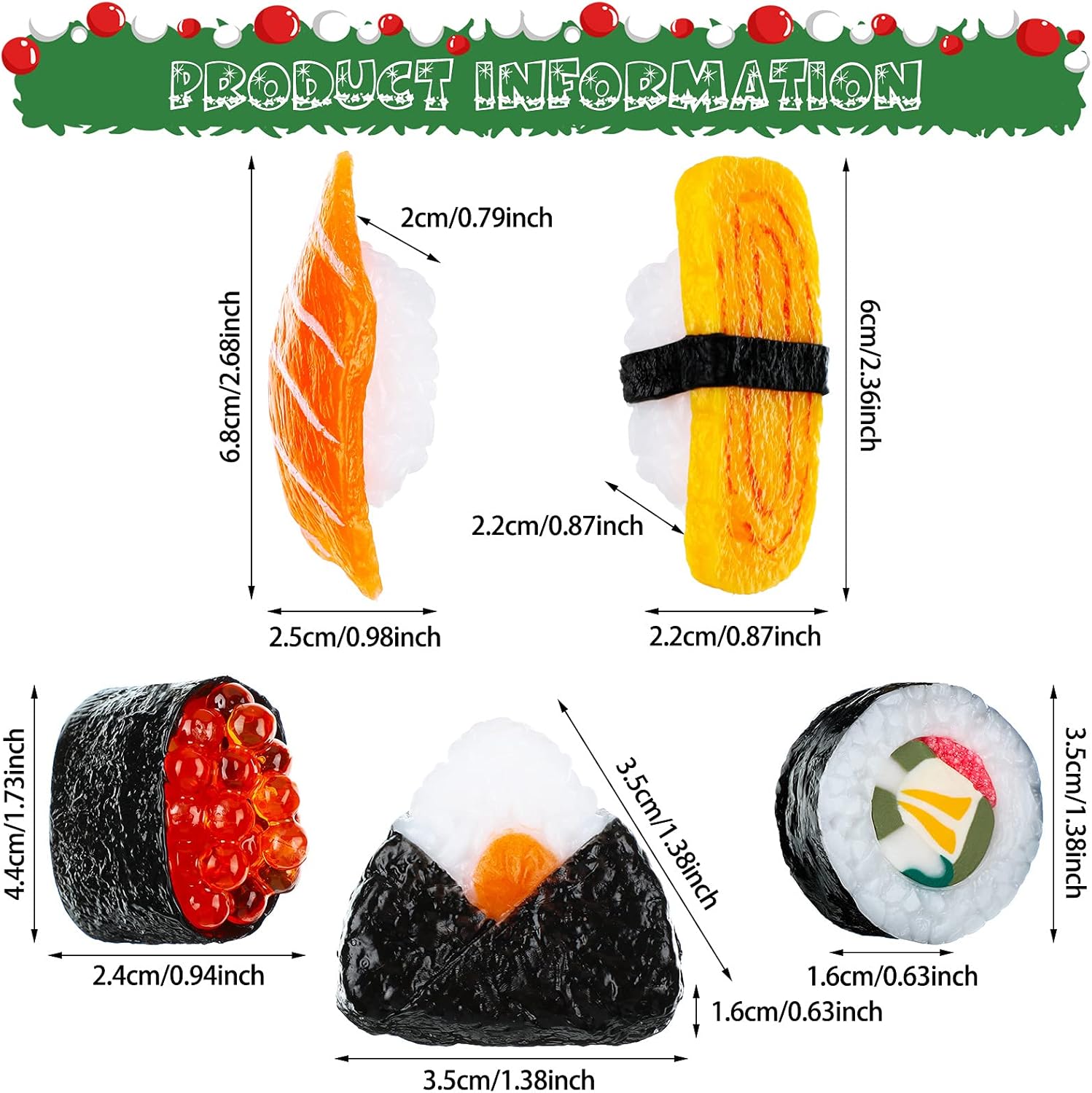 5 Piece Sushi Roll Christmas Ornament Set
