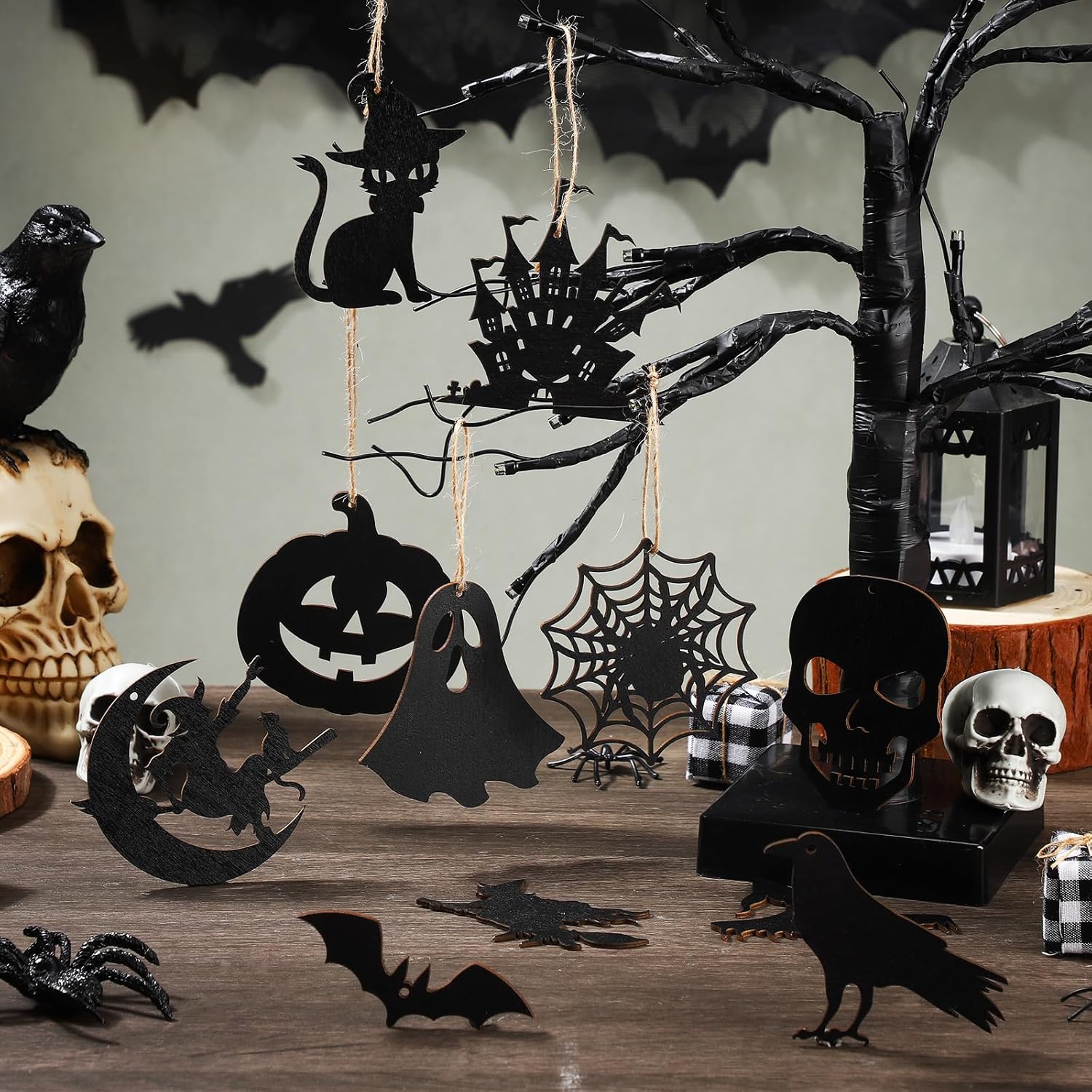 Tradder Halloween 36 Pcs Wood Hanging Ornaments Set