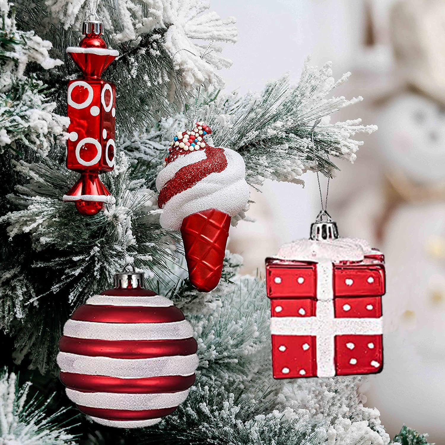 Christmas Tree Ball Ornaments Set 70 ct Red White Candy Train Theme