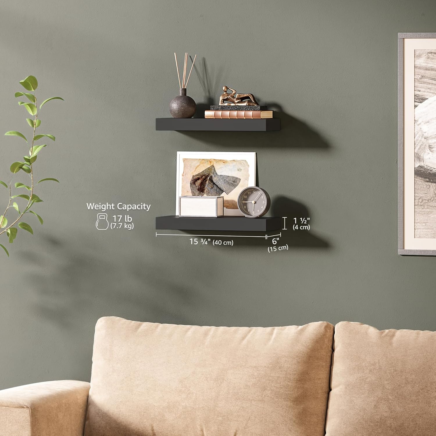 Ballucci Floating Shelves 2-Pack Black 16 Inch Wall Mount Set