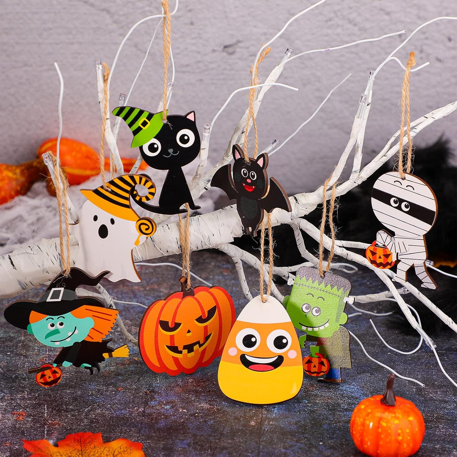 24 Pcs Halloween Wood Tree Ornaments with Rope