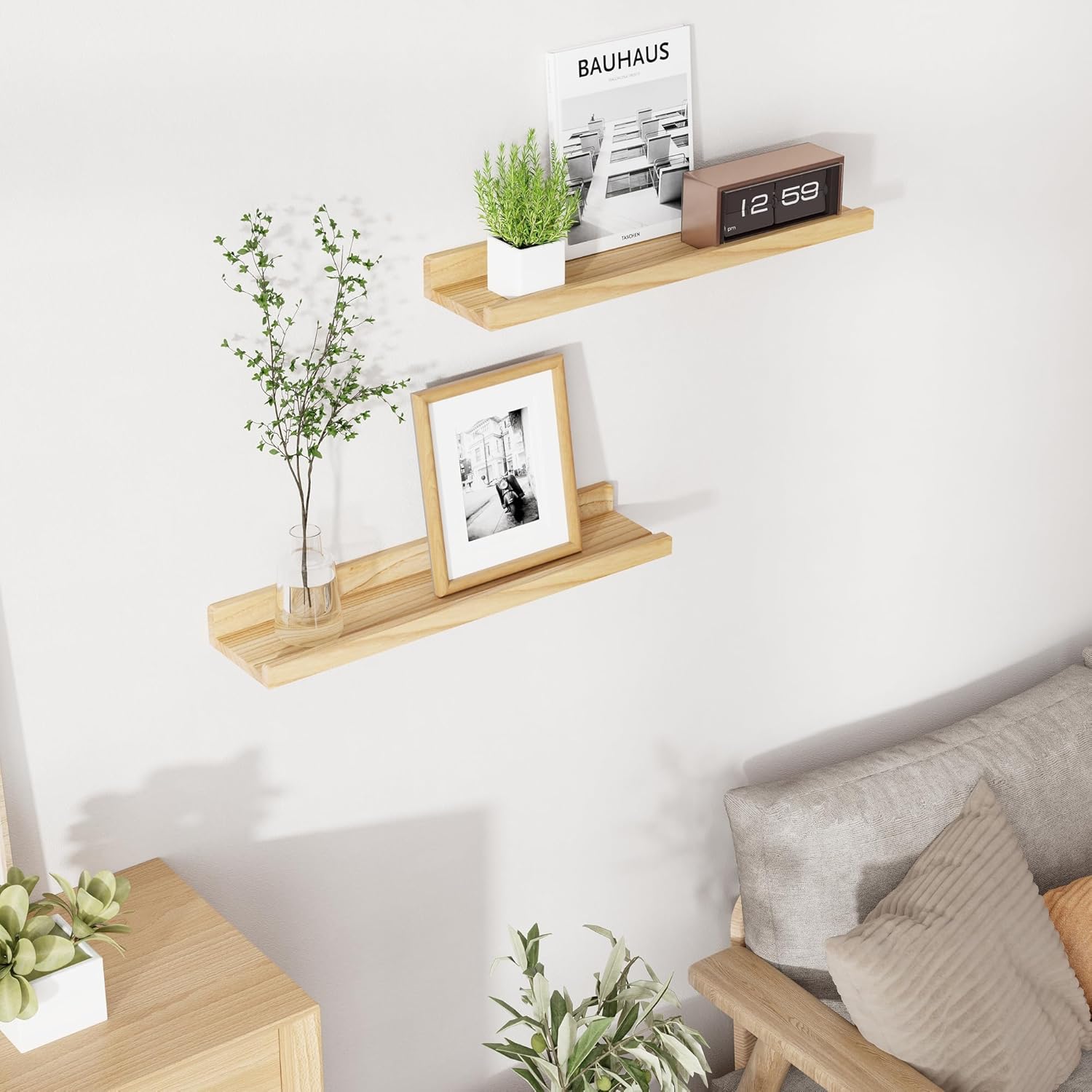 Richfocus 24 Inch Solid Wood Floating Shelf Set of 2 Natural