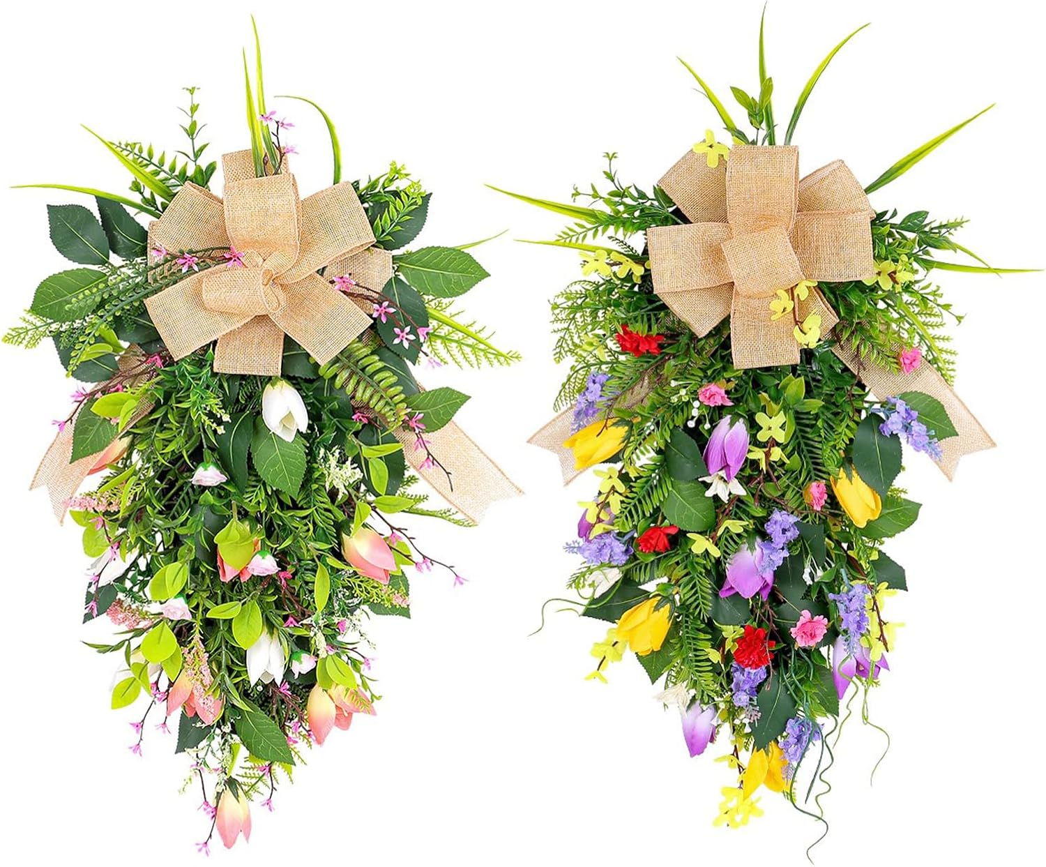 Spring Summer Teardrop Swag Artificial Tulips Door Wreath White Pink