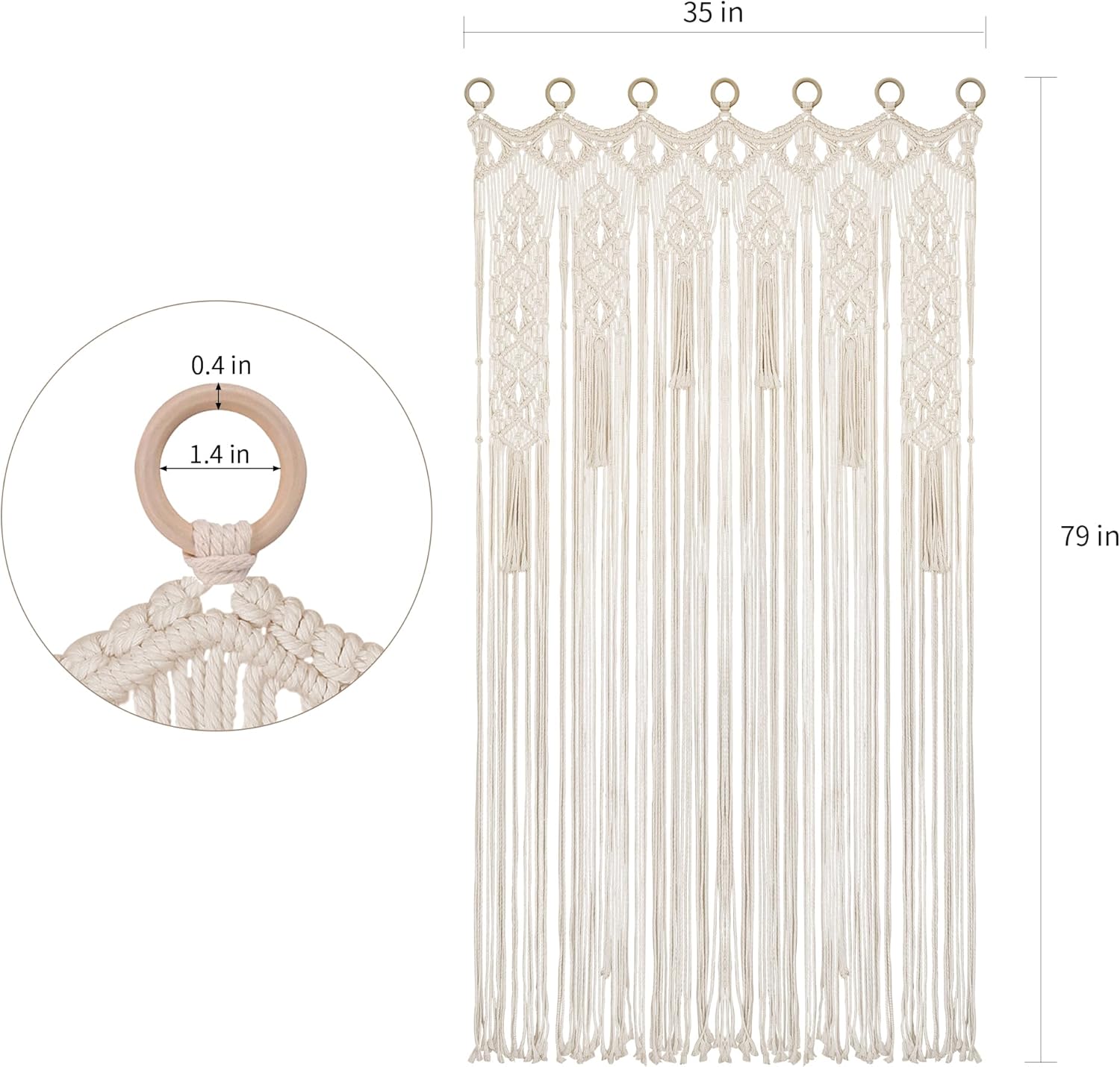 Boho Macrame Curtain Room Divider with Wood Grommets 2 Panels