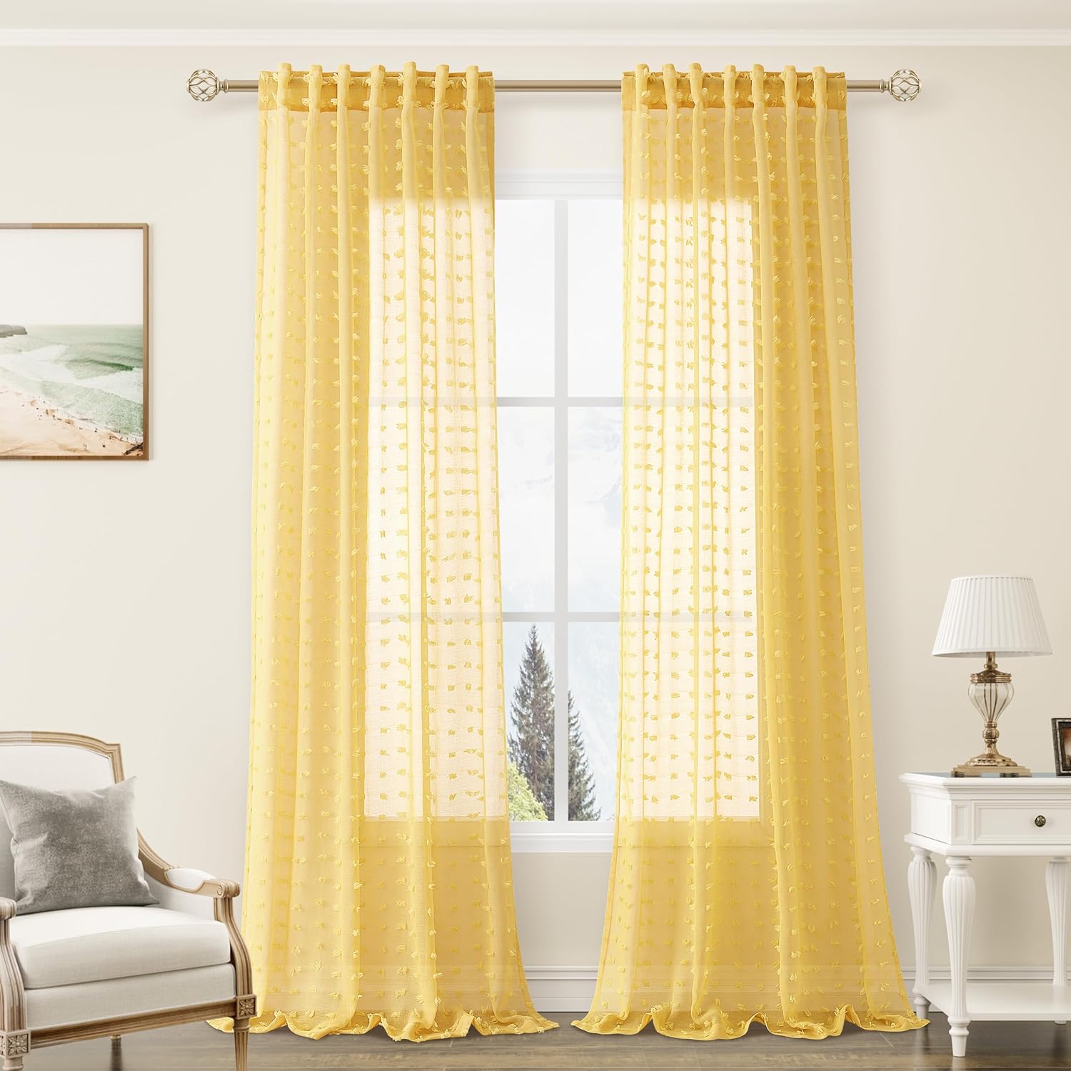 Guken Yellow Semi Sheer Curtains 2 Panels 108 Inches Long