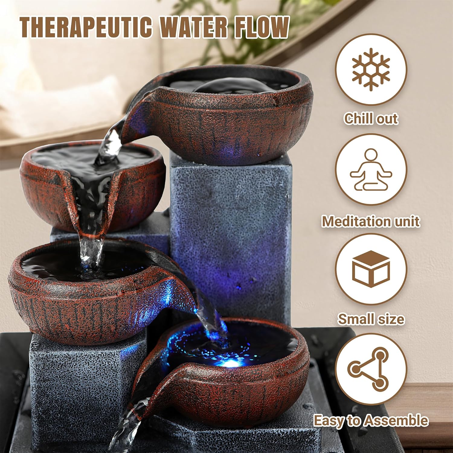 Fathers Den Tabletop Water Fountain with LED Lights and Calming Sounds
