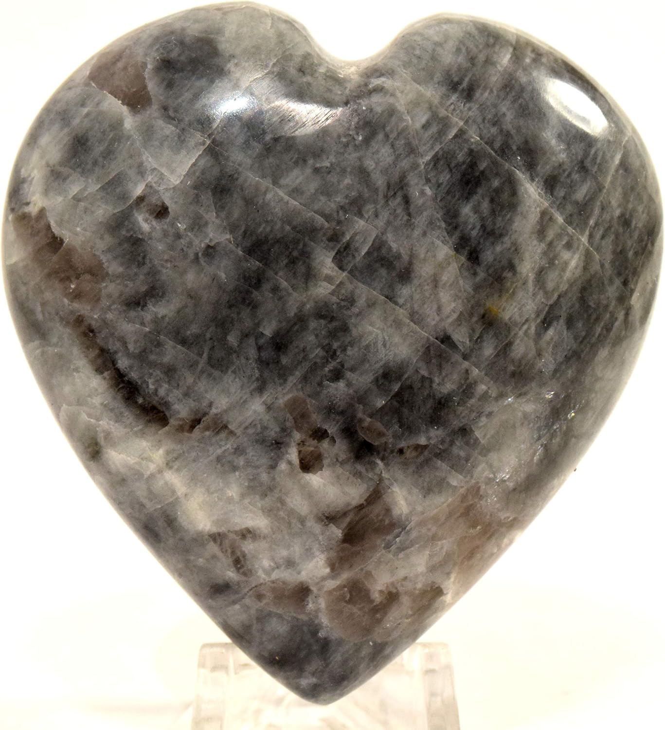 Black Moonstone Puffy Heart with Smoky Quartz Display Stand