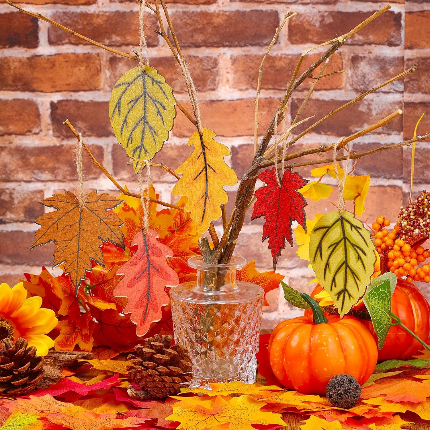 Jetec 24 Pcs Fall Wooden Leaves Hanging Decorations