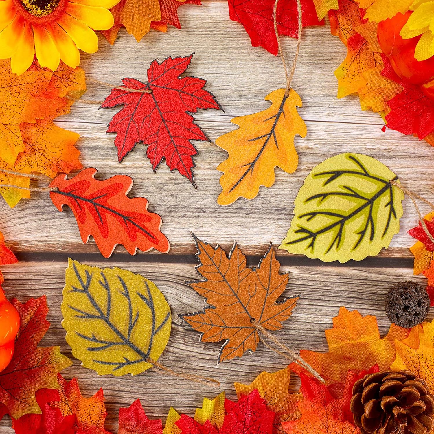 Jetec 24 Pcs Fall Wooden Leaves Hanging Decorations