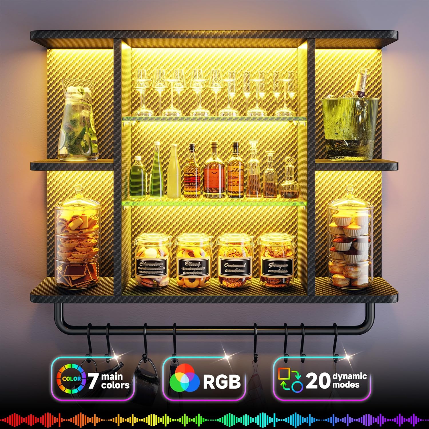 REIBII Gaming Floating Shelves with LED Lighting and Adjustable Glass