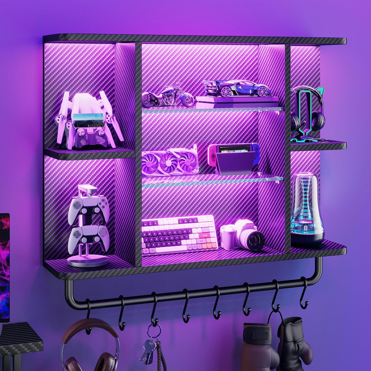 REIBII Gaming Floating Shelves with LED Lighting and Adjustable Glass