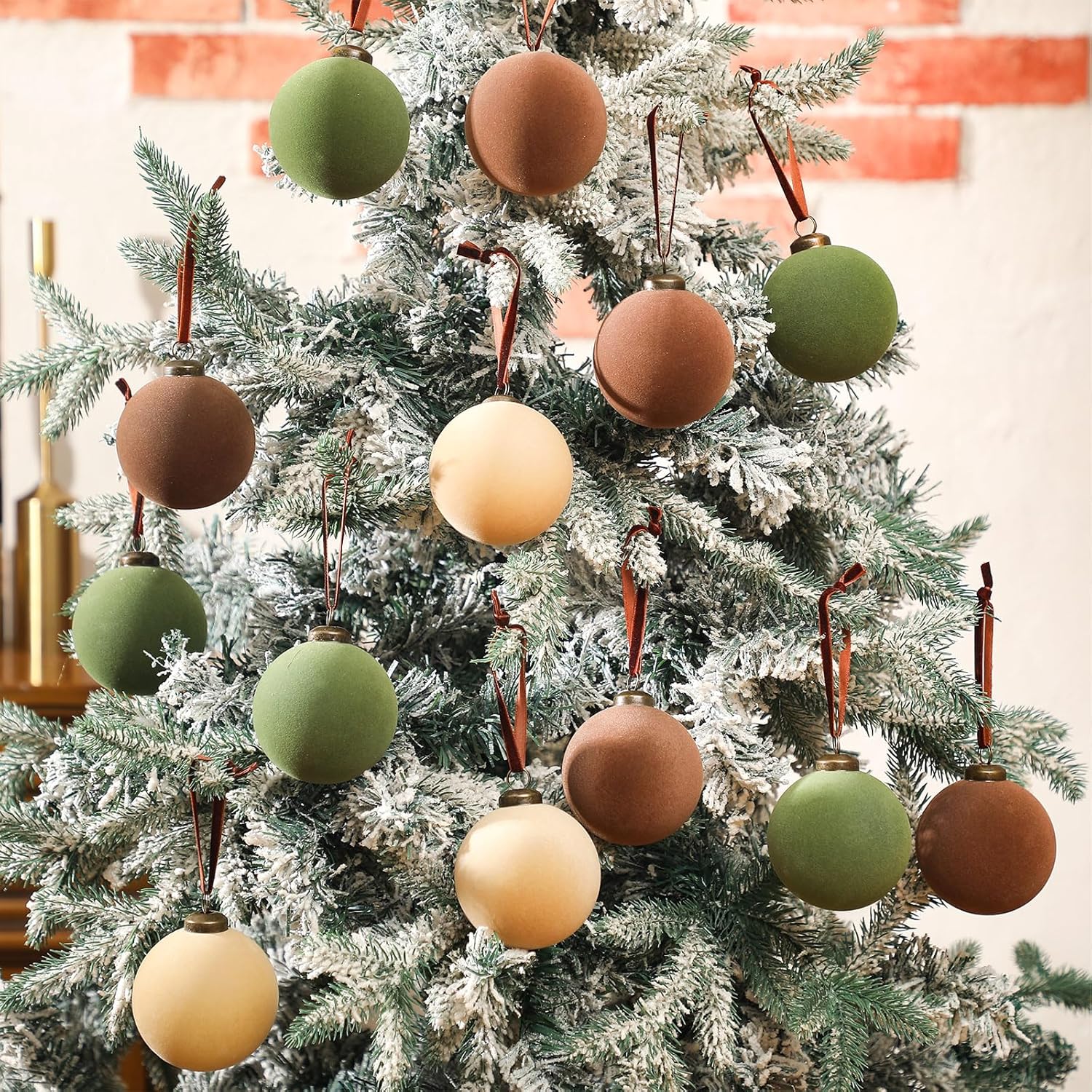 30Pcs Velvet Christmas Balls in Green Brown and Beige