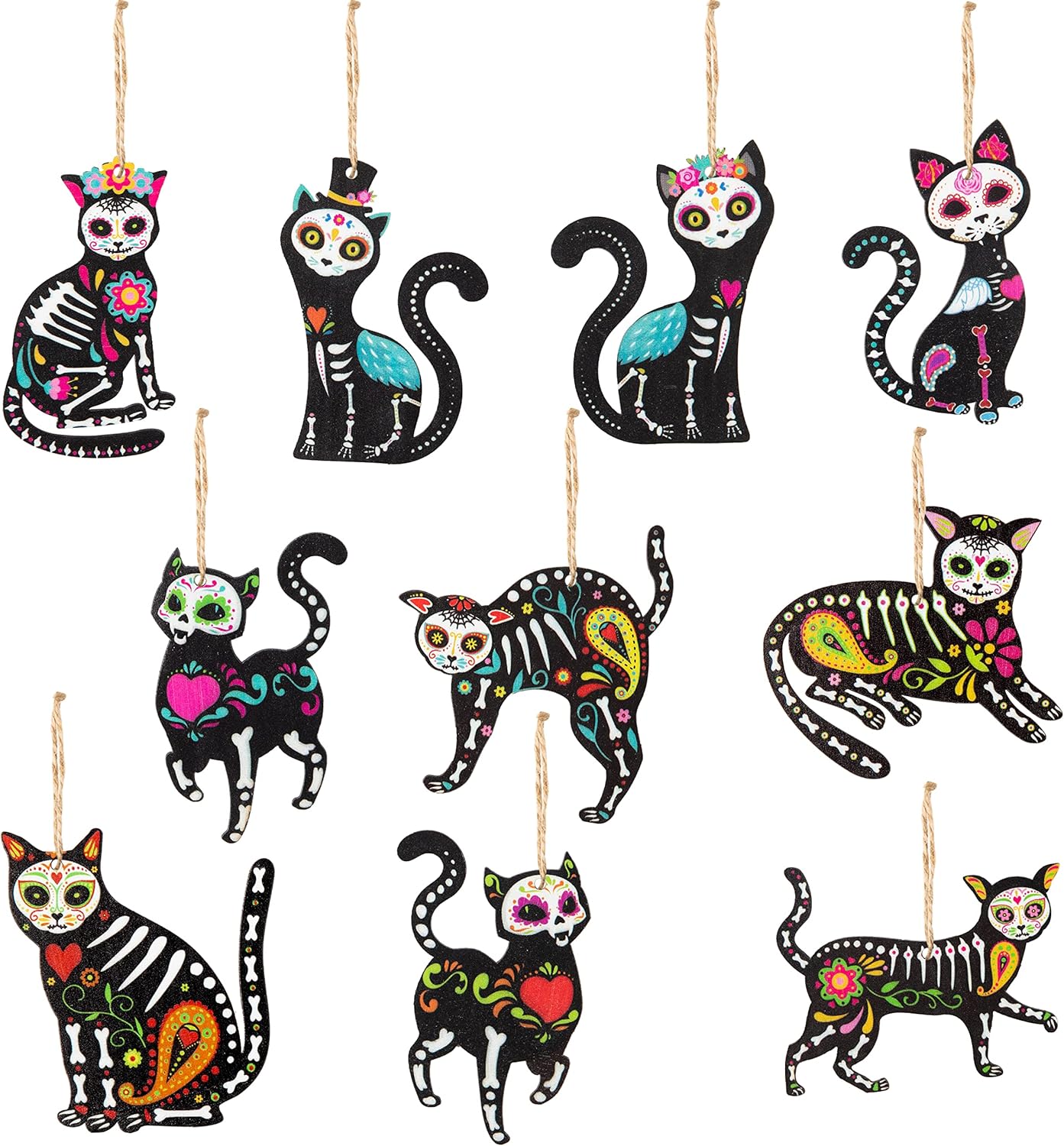 WATINC 31pcs Day of the Dead Cat Skeleton Wood Hanging Ornament