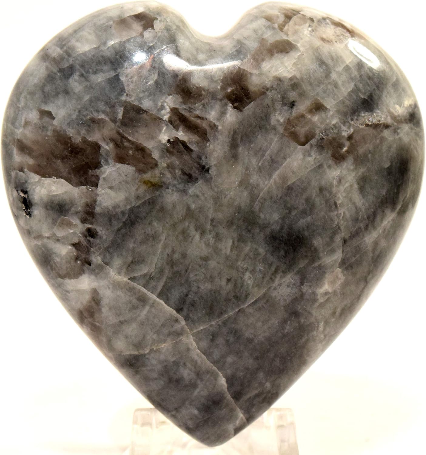 Black Moonstone Puffy Heart with Smoky Quartz Display Stand